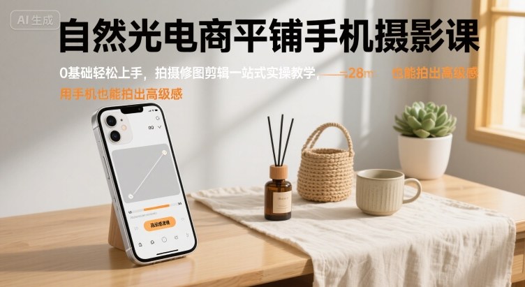 自然光电商平铺手机摄影全教程：0基础轻松上手，一站式学会拍摄、修图、剪辑，用手机拍出高级感