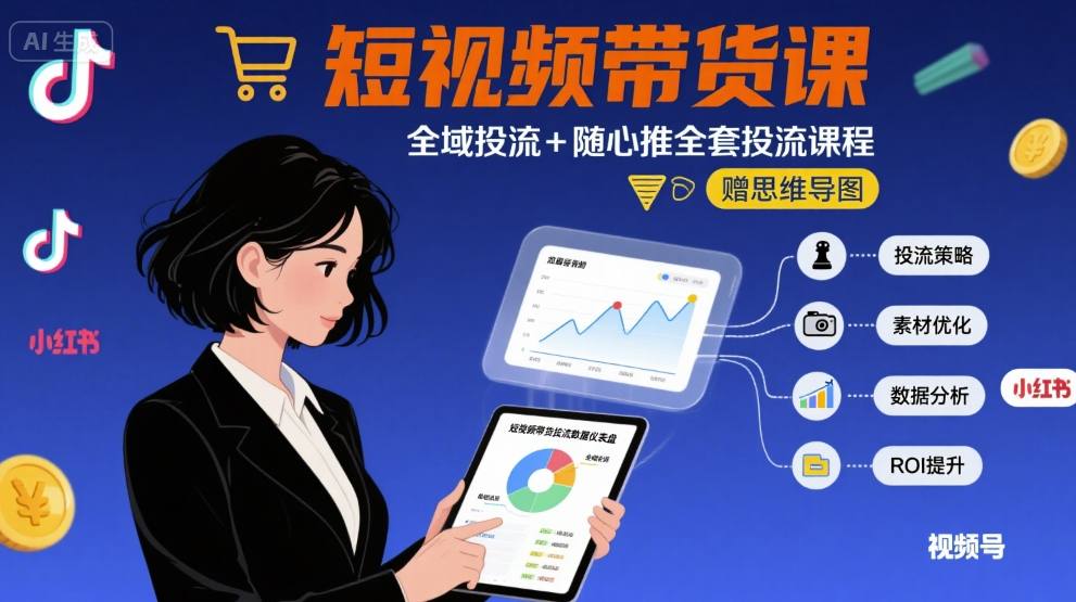短视频带货投流教程：从0到1掌握全域与随心推，附思维导图