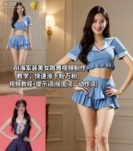 AI视频制作3步涨粉教程：海军装美女跳舞保姆级指南（附提示词包）