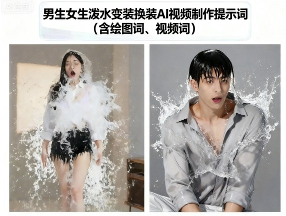 AI视频制作教程：泼水变装提示词(含绘图词与视频词)生成爆款