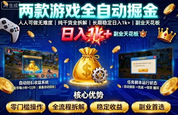 两款游戏全自动掘金，人人可做无难度，纯干货全拆解，长期稳定，日入1k+，副业天花板【揭秘】