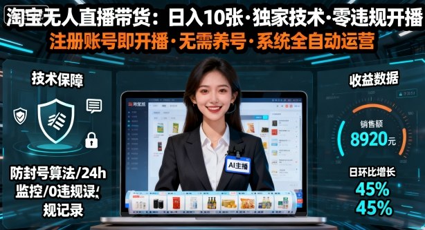 淘宝无人直播带货实操教程：3步实现日入10张，无违规封号，无需养号注册即开播