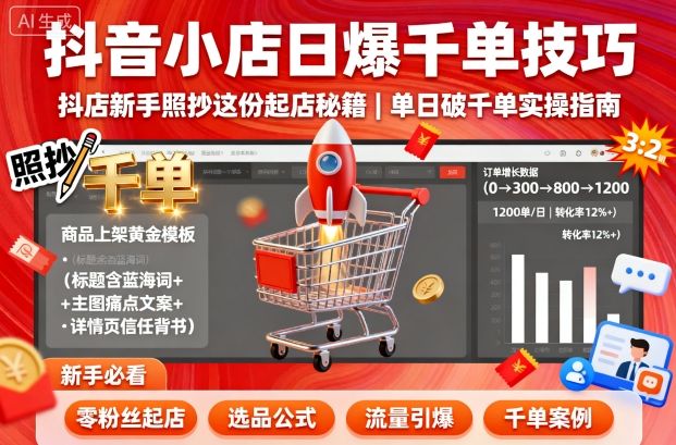 抖音小店日爆千单完整指南：32个技巧助新手快速起店，实现单日破千单
