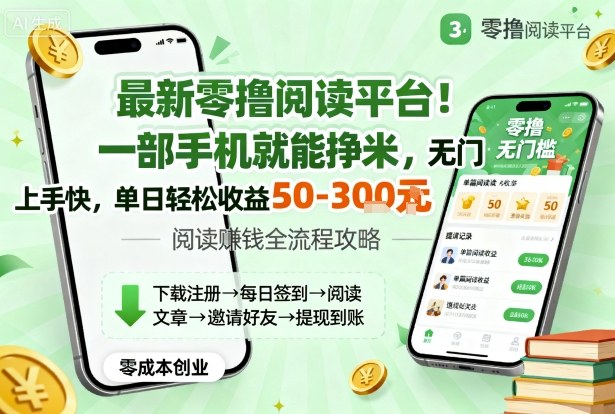 最新零撸阅读平台揭秘：手机无门槛日赚50-300元全攻略