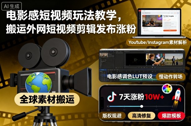 电影感短视频剪辑教程：3步搬运外网素材，快速涨粉