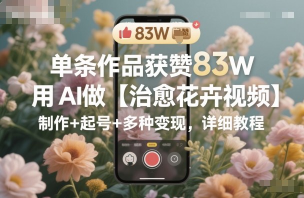 AI治愈花卉视频完整教程：5步制作起号，3种变现方法，单条获赞83W