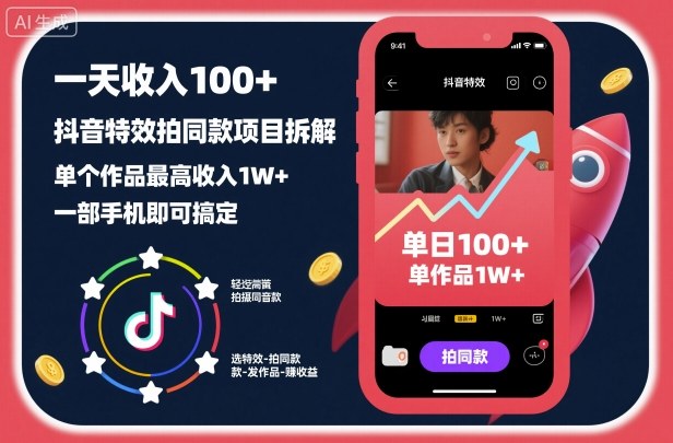 抖音特效教程：一天赚100+，手机操作拍同款变现