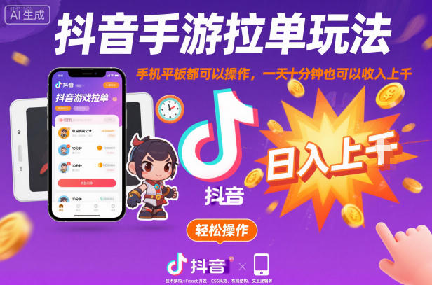 抖音手游拉单赚钱教程：3步用手机平板操作，每天10分钟实现稳定收益