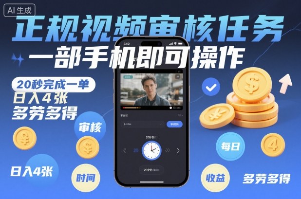 正规视频审核任务教程：20秒一单，一部手机日入400元，多劳多得