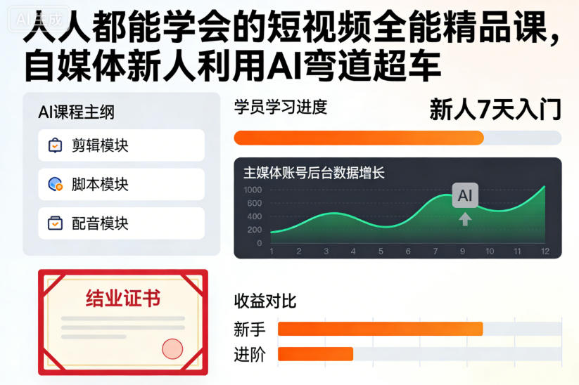 自媒体新人AI短视频教程：人人都能学会的全能精品课（弯道超车）