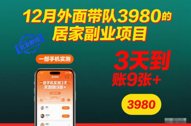 12月居家副业教程：一部手机3天到账900+，免3980元