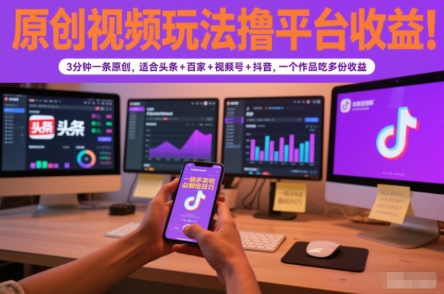 原创视频3分钟一条教程：多平台撸收益（头条/百家/视频号/抖音）