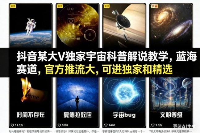 【蓝海赛道】如何学习宇宙科普解说教学完整教程？抖音大V独家，官方推流大，3个步骤进独家与精选（全攻略）