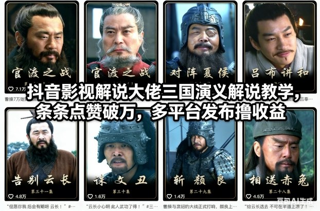 抖音影视解说教程：三国演义条条点赞破万，多平台发布撸收益