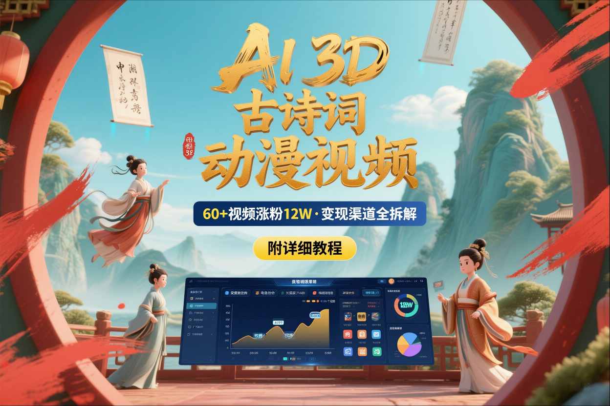 AI制作3D古诗词动漫视频：60个视频涨粉12W，多变现渠道拆解教程